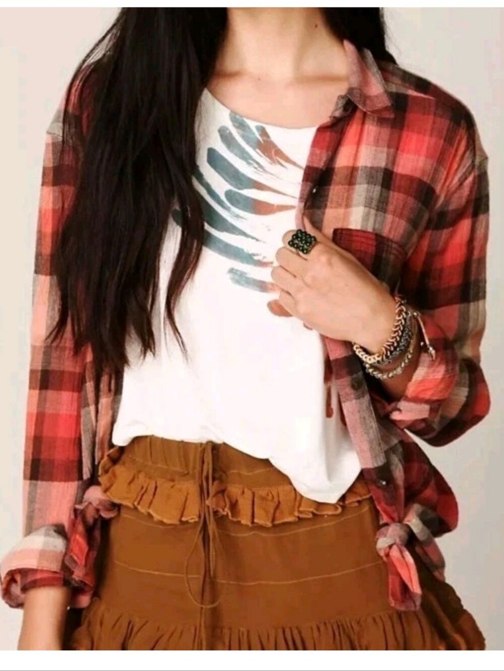 Free People Crochet Back Button Shirt Sz Med Red Plaid Crinkle Gauzy Mixed Media - Picture 5 of 13